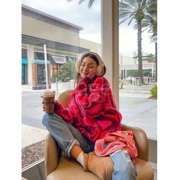 Red Pink Hearts Terry Cloth Texture Pullover Sweater Stretchy Long Sleeve - Picture 2 of 6